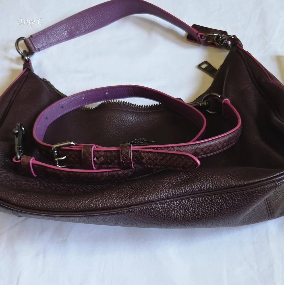 Coach Dark Purple Leather Hobo With Pink Piping & Snakeskin Look Is A Head Turer - Picture 6 of 10
